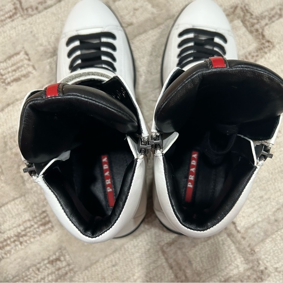 NIB Authentic Prada Nappa Sports Laceup High Top Leather Sneakers White 38 - Picture 9 of 11